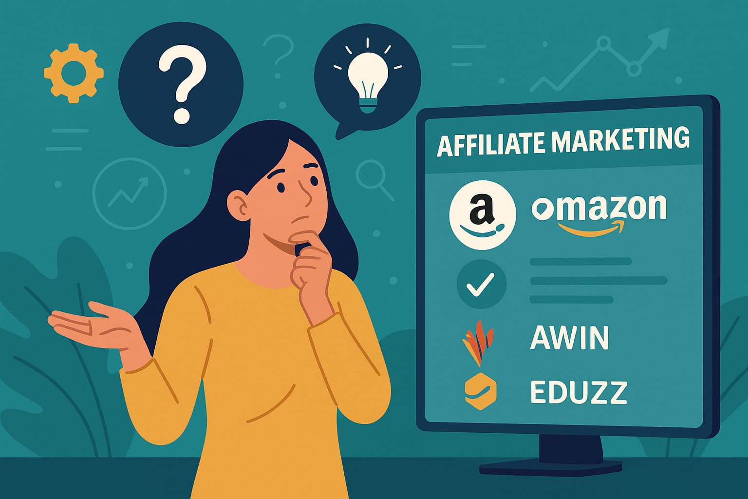 Ilustração de uma mulher pensando diante de uma tela com diferentes plataformas de afiliados como Amazon, Awin e Eduzz, representando a escolha ideal.