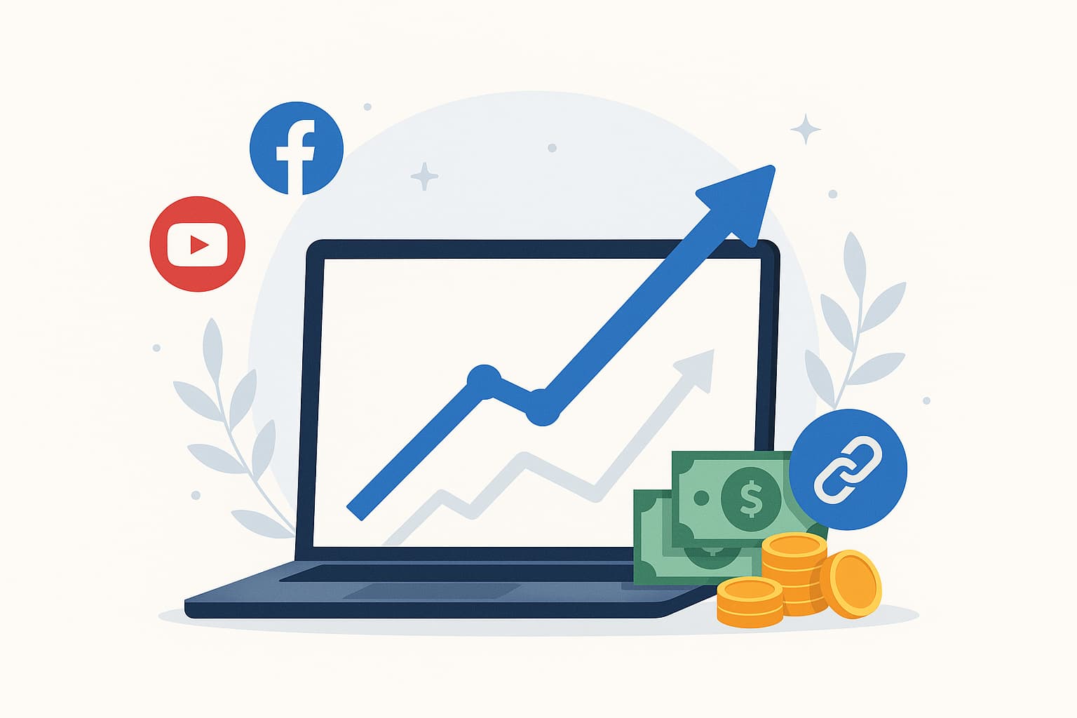 Ilustração de um laptop com gráfico de crescimento na tela, ícones de redes sociais (YouTube e Facebook), dinheiro e símbolo de link ao redor — representando o sucesso no marketing de afiliados em 2025.